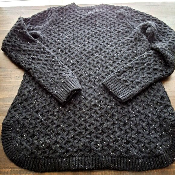 Lands End Womens Black Cable-Knit Fisherman Tunic Sweater S Cotton Wool Blend - Picture 5 of 7